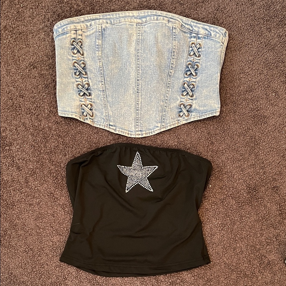 Set of 2 - LA Hearts Denim Corset Top and a black strapless top with star design